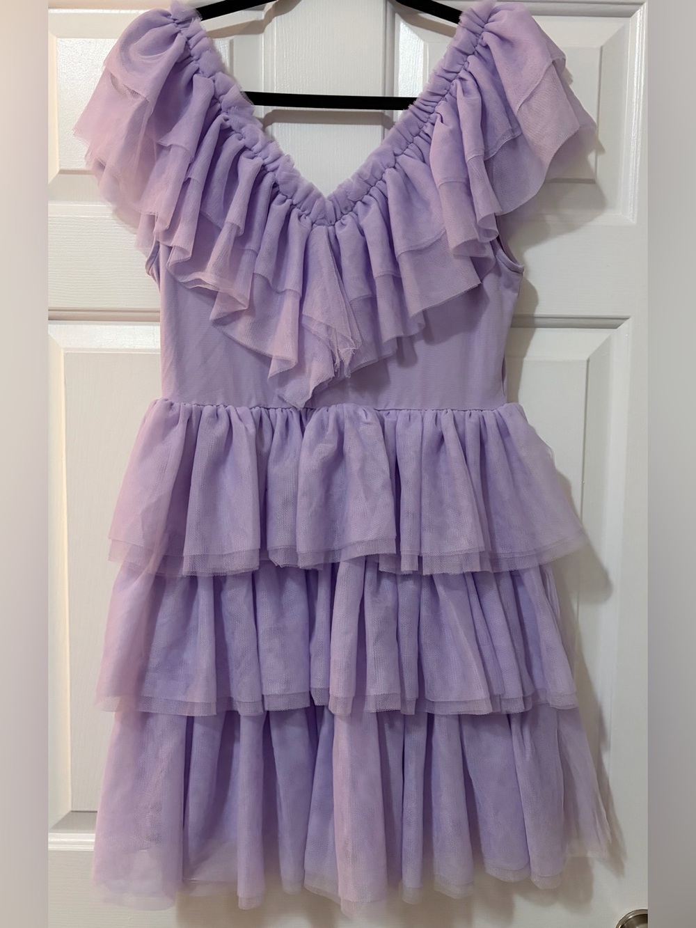 NWT Entro Ruffled Tulle V-Neck Tiered Mini Dress in Lavender - Picture 9 of 9